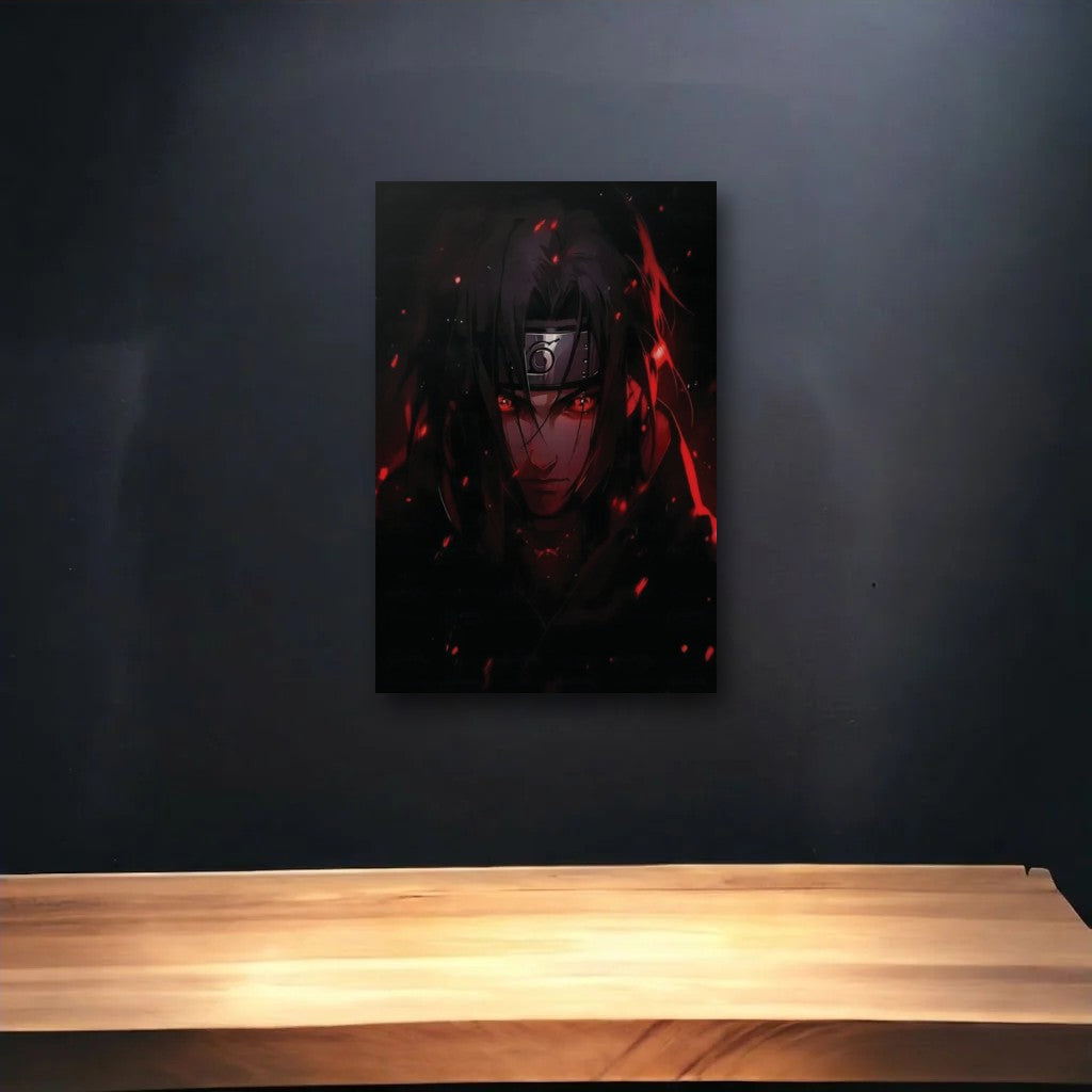 Anime Art glossy acrylic art above a wooden shelf