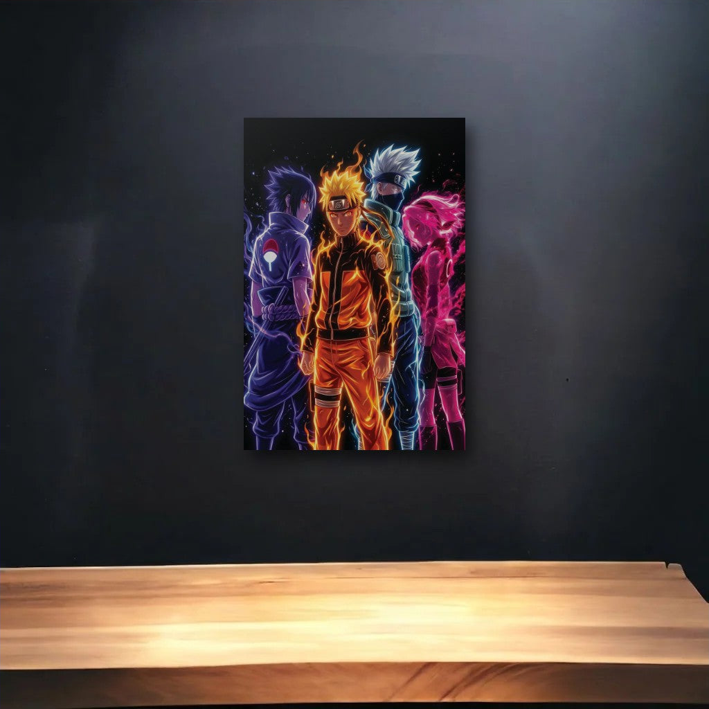 Anime Art glossy acrylic art above a wooden shelf