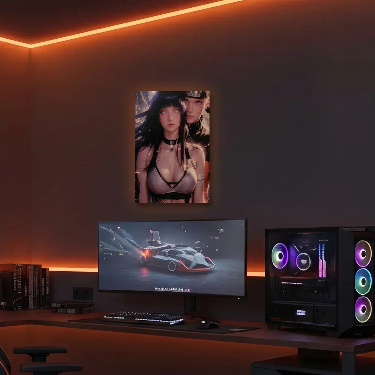 Anime Art acrylic wall art in an orange LED gaming room