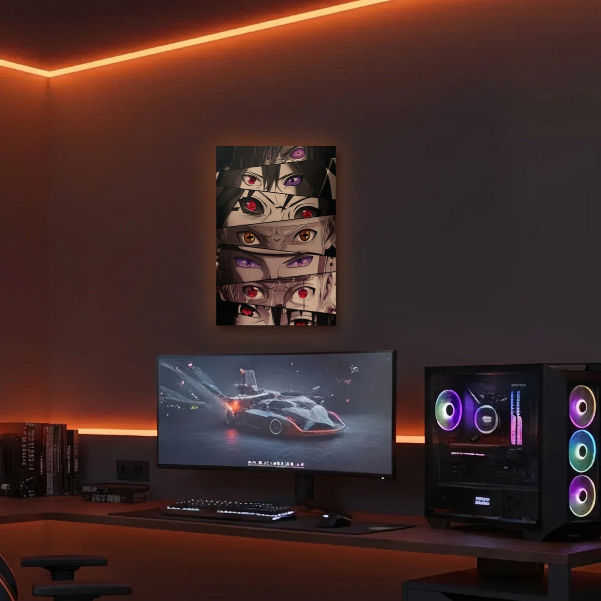 Anime Art acrylic wall art in an orange LED gaming room