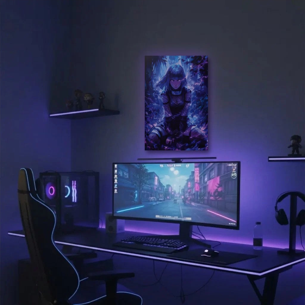 Anime Art acrylic wall art in a purple gaming setup