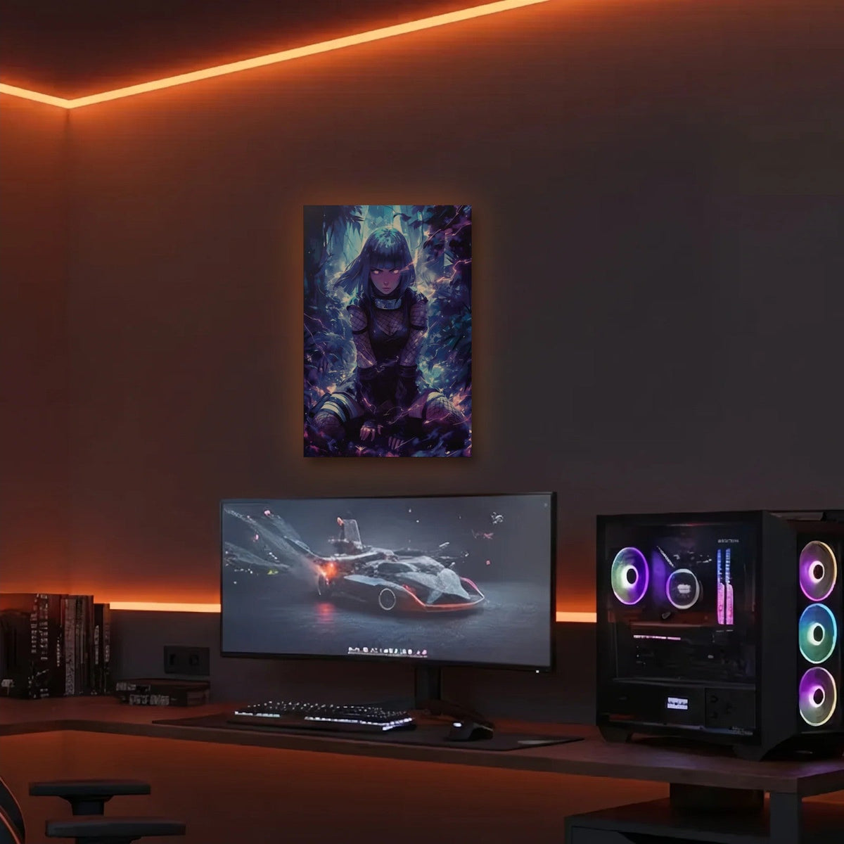 Anime Art acrylic wall art in an orange LED gaming room