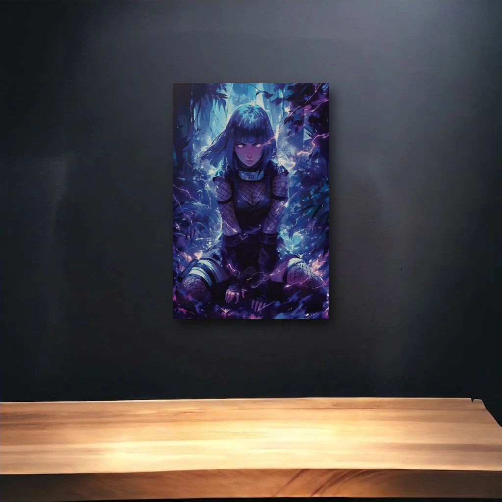 Anime Art glossy acrylic art above a wooden shelf