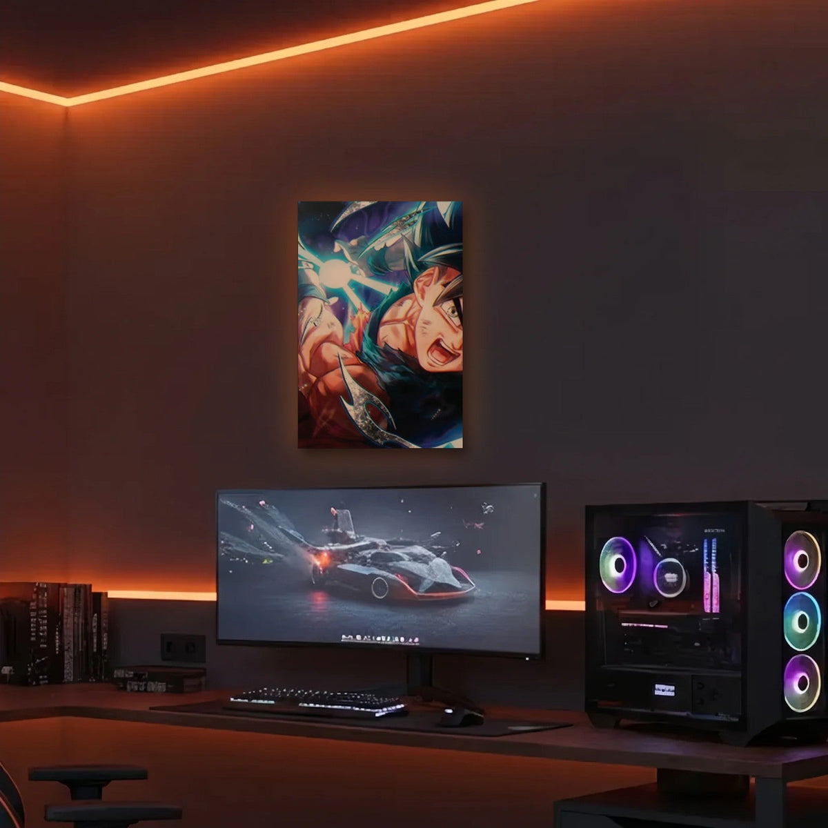 Anime Art acrylic wall art in an orange LED gaming room