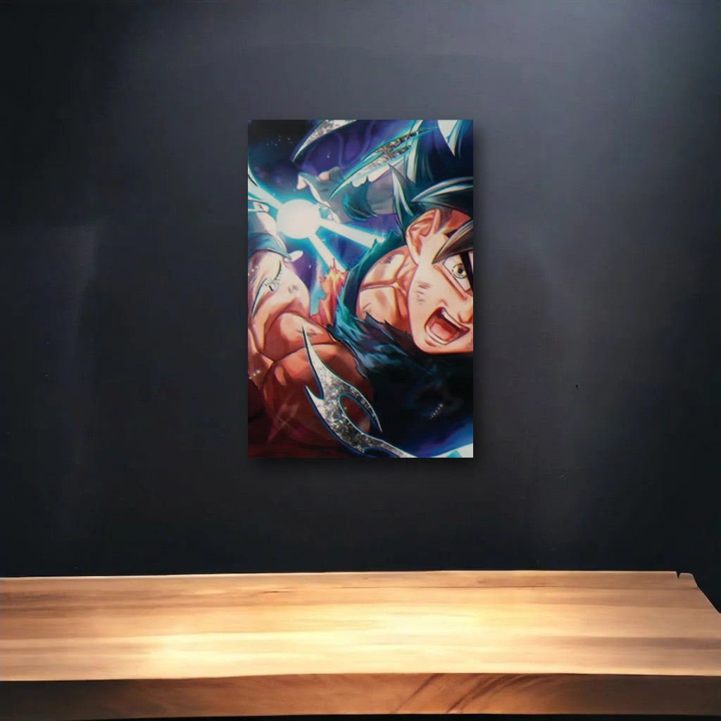 Anime Art glossy acrylic art above a wooden shelf