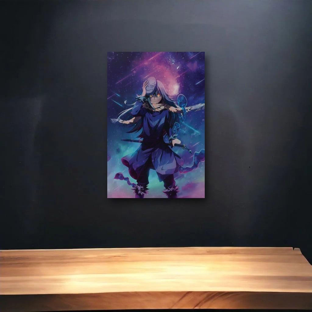 Anime Art glossy acrylic art above a wooden shelf