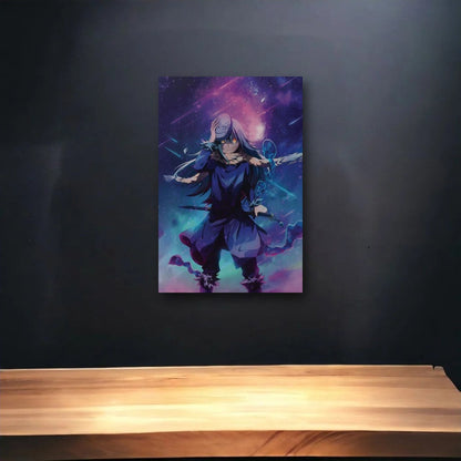 Anime Art glossy acrylic art above a wooden shelf