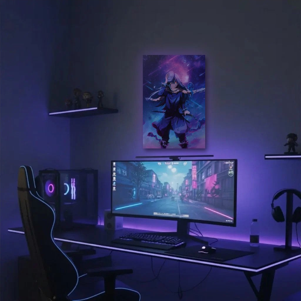 Anime Art acrylic wall art in a purple gaming setup