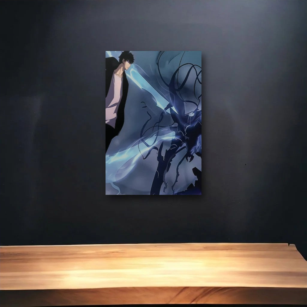 Anime Art glossy acrylic art above a wooden shelf