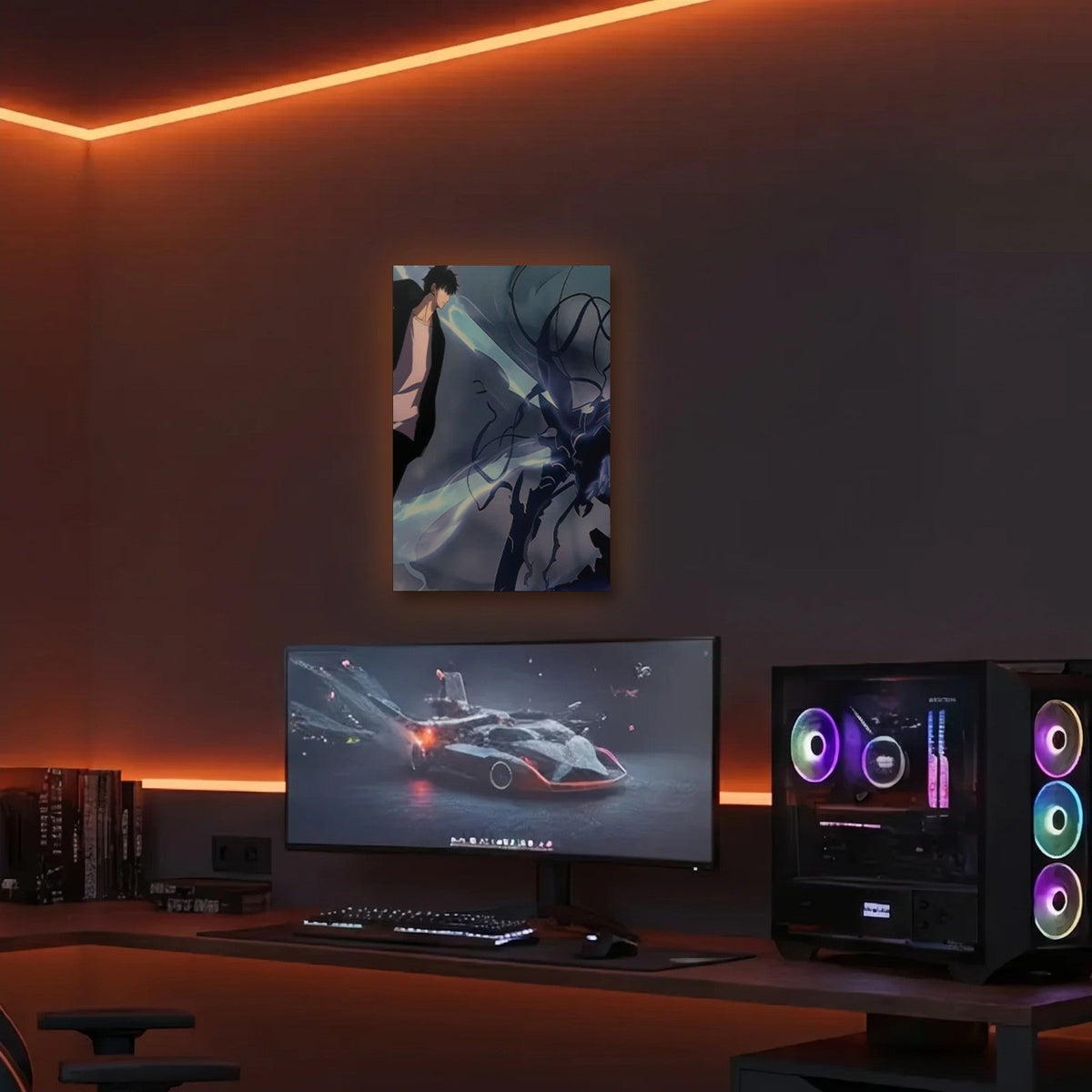 Anime Art acrylic wall art in an orange LED gaming room