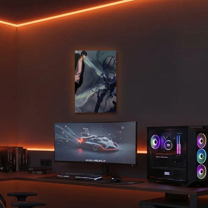 Anime Art acrylic wall art in an orange LED gaming room