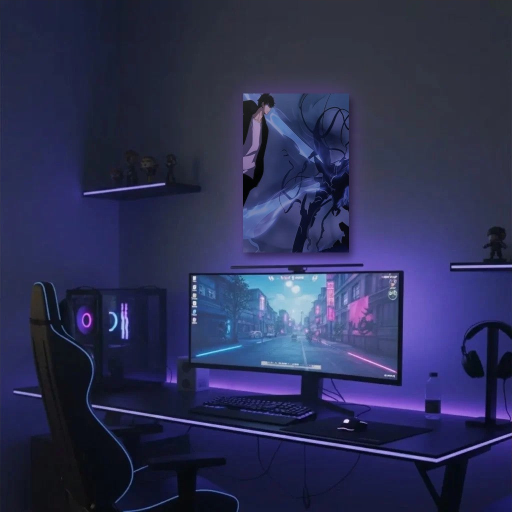 Anime Art acrylic wall art in a purple gaming setup