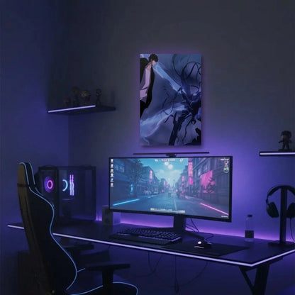 Anime Art acrylic wall art in a purple gaming setup