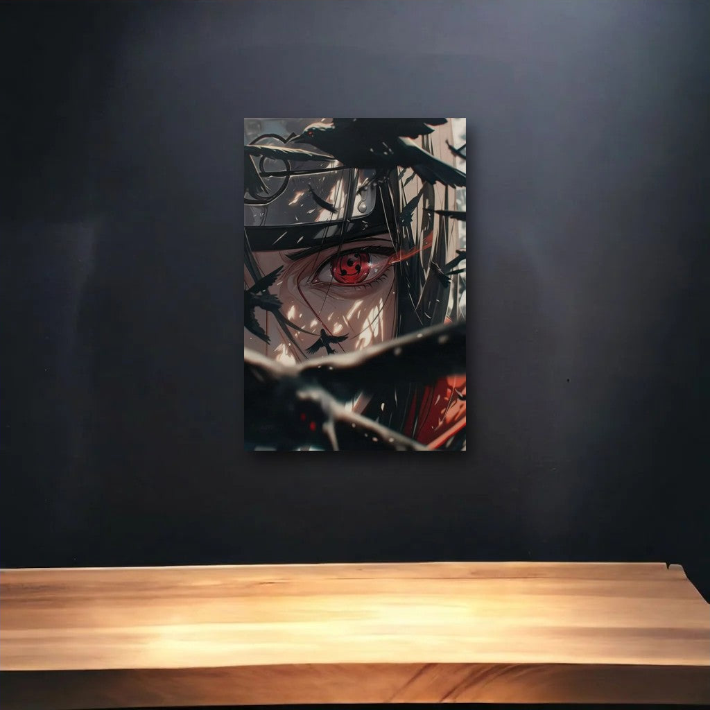 Anime Art glossy acrylic art above a wooden shelf