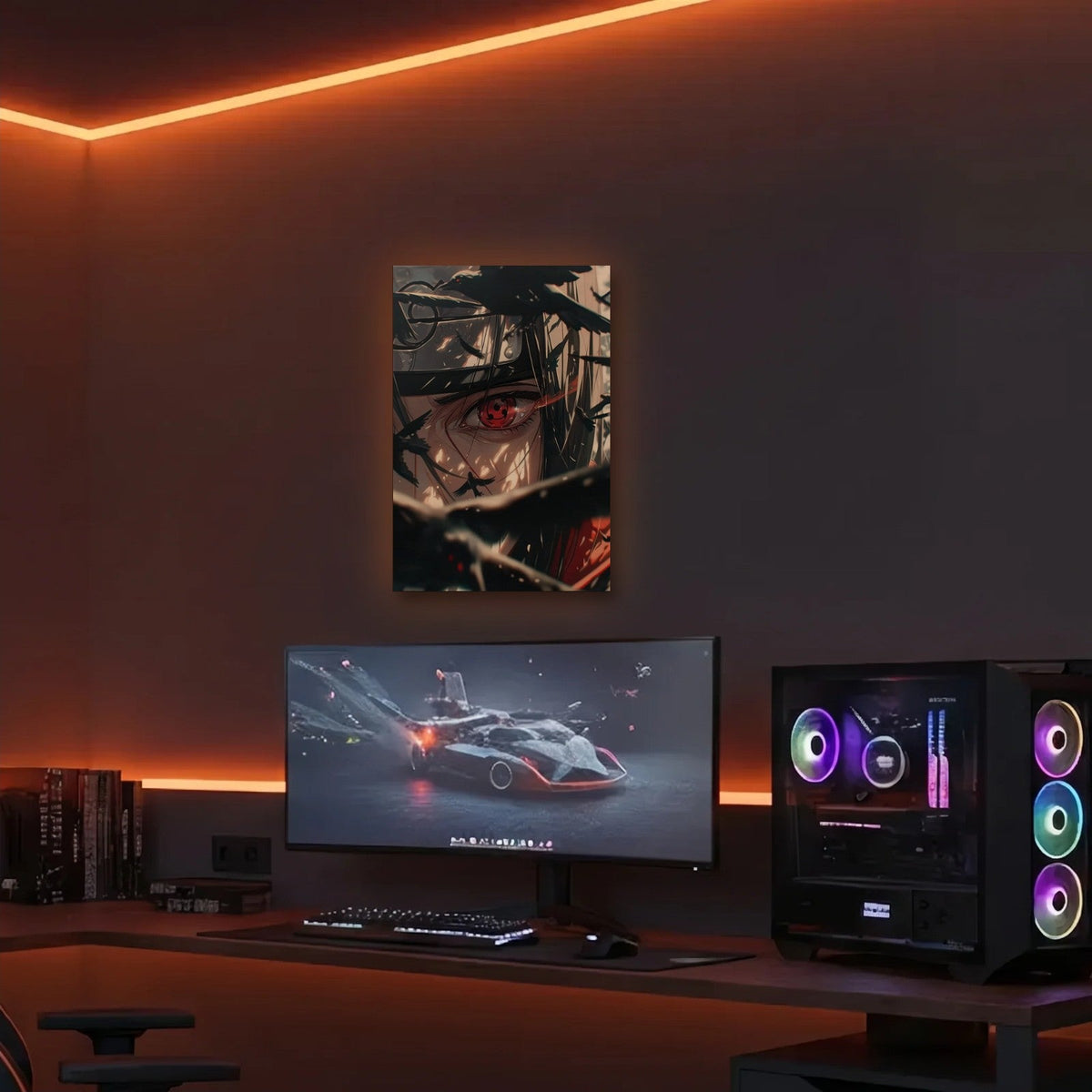 Anime Art acrylic wall art in an orange LED gaming room