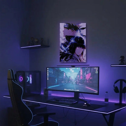 Anime Art acrylic wall art in a purple gaming setup