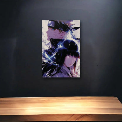 Anime Art glossy acrylic art above a wooden shelf