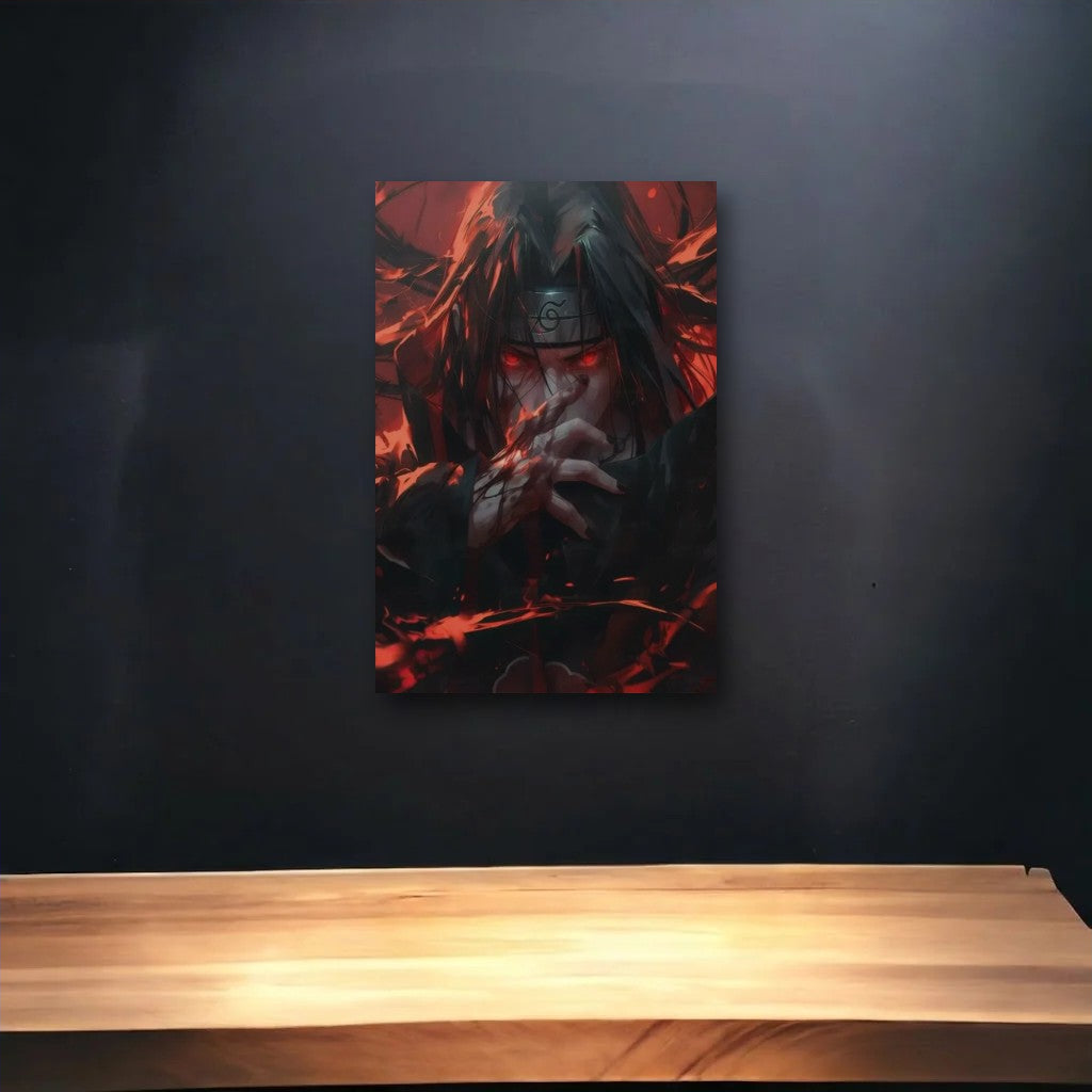 Anime Art glossy acrylic art above a wooden shelf