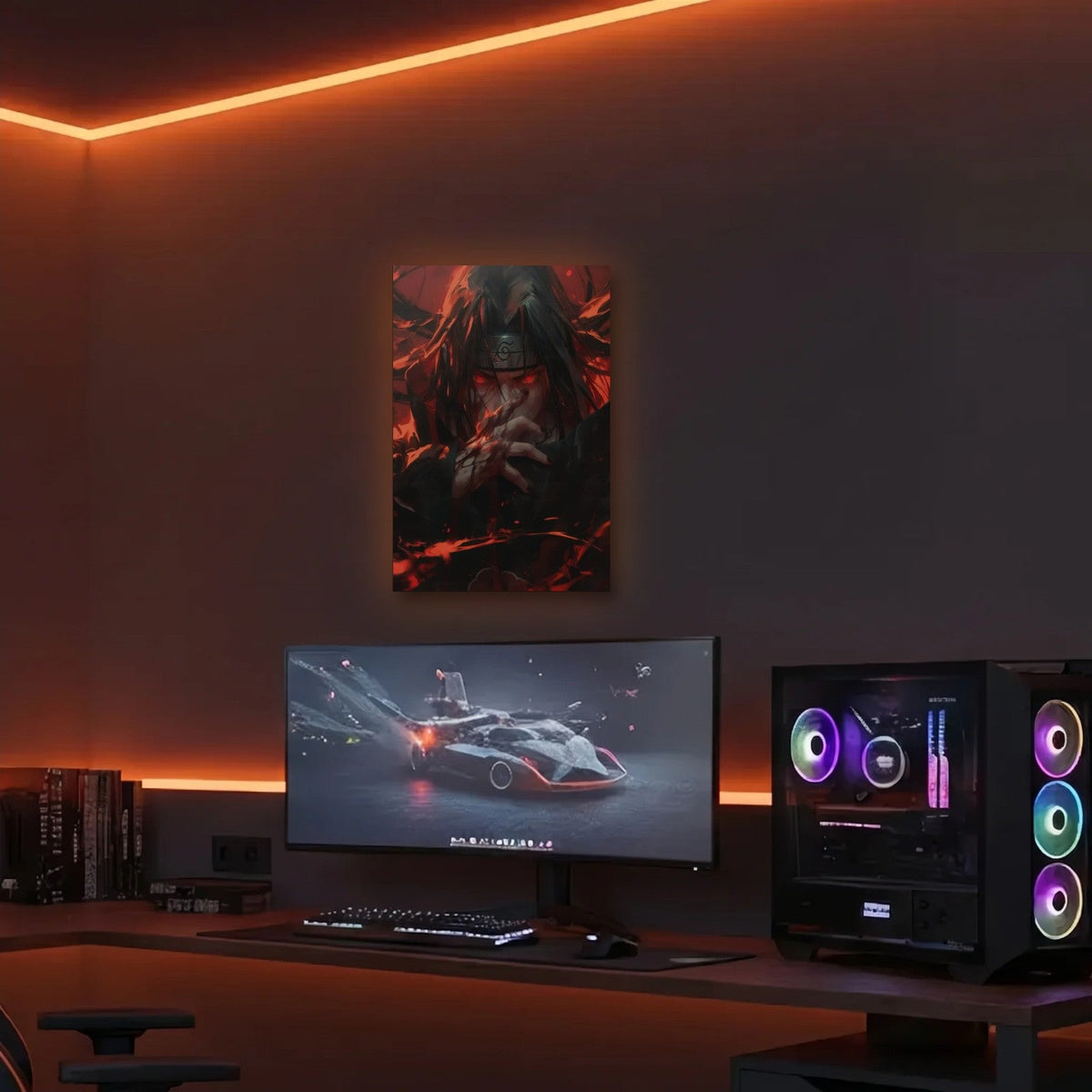 Anime Art acrylic wall art in an orange LED gaming room