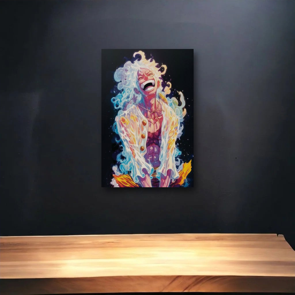 Anime Art glossy acrylic art above a wooden shelf