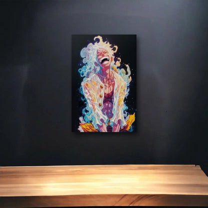 Anime Art glossy acrylic art above a wooden shelf
