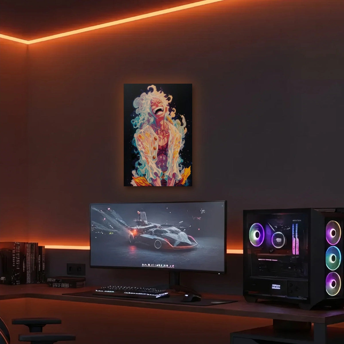 Anime Art acrylic wall art in an orange LED gaming room
