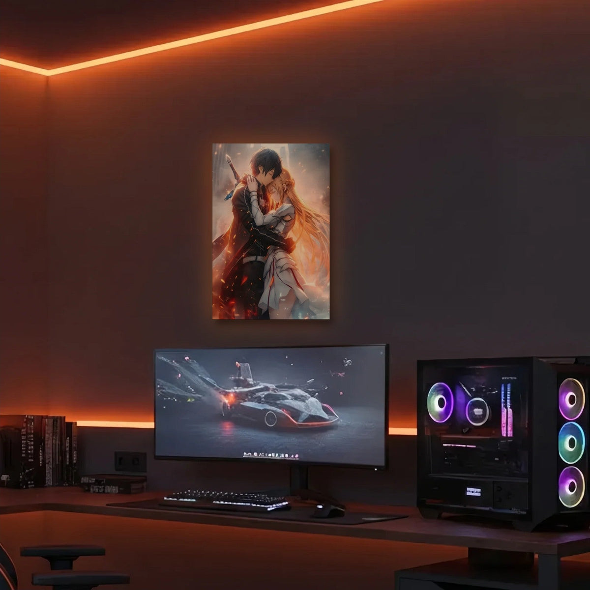 Anime Art acrylic wall art in an orange LED gaming room