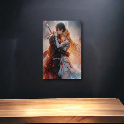 Anime Art glossy acrylic art above a wooden shelf