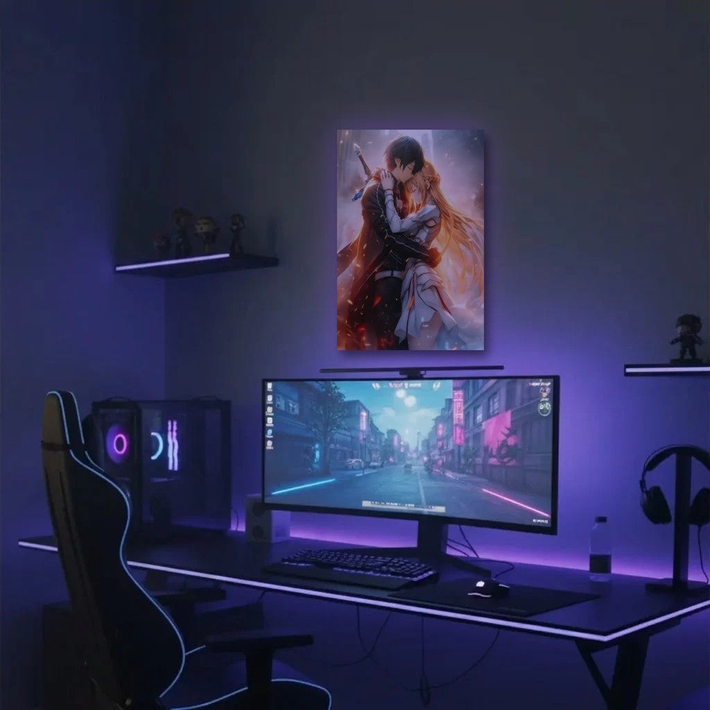 Anime Art acrylic wall art in a purple gaming setup