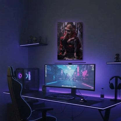 Anime Art acrylic wall art in a purple gaming setup