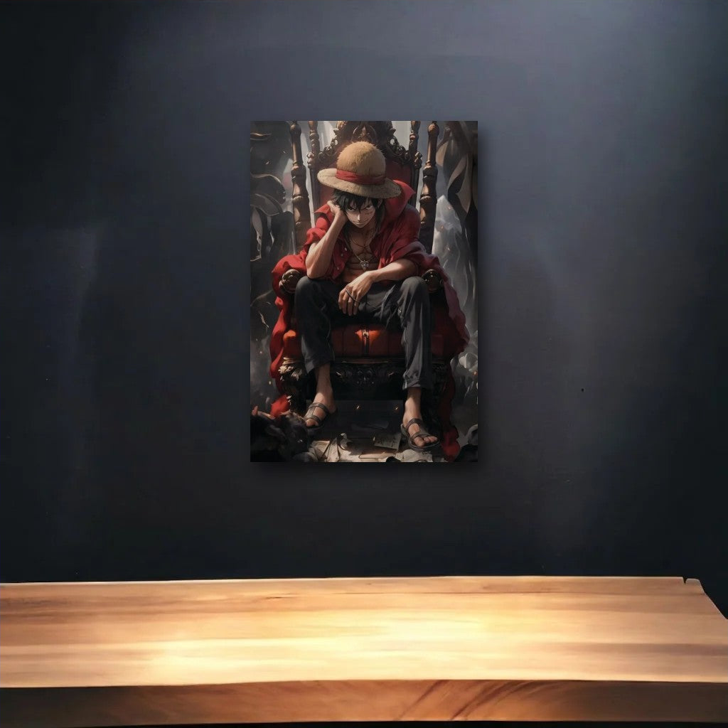 Anime Art glossy acrylic art above a wooden shelf