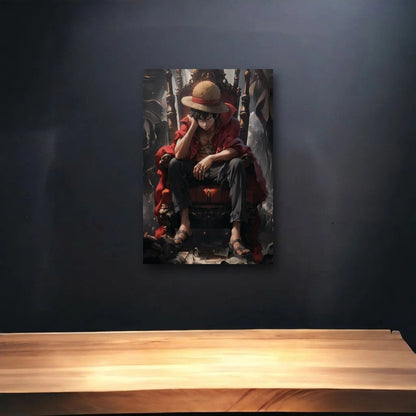 Anime Art glossy acrylic art above a wooden shelf