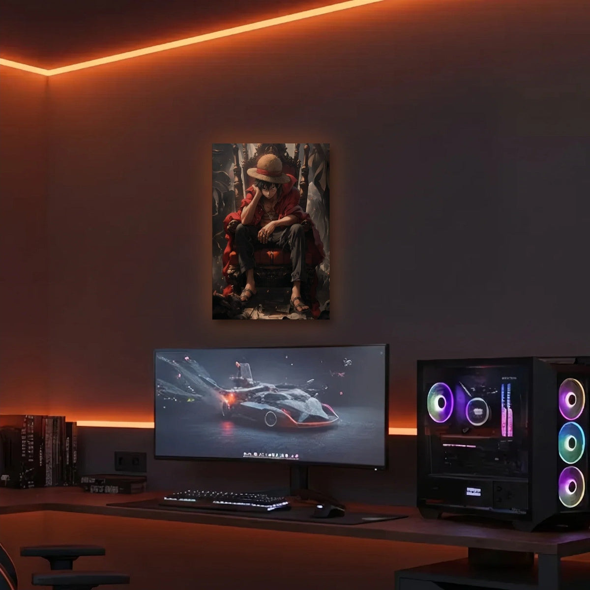 Anime Art acrylic wall art in an orange LED gaming room