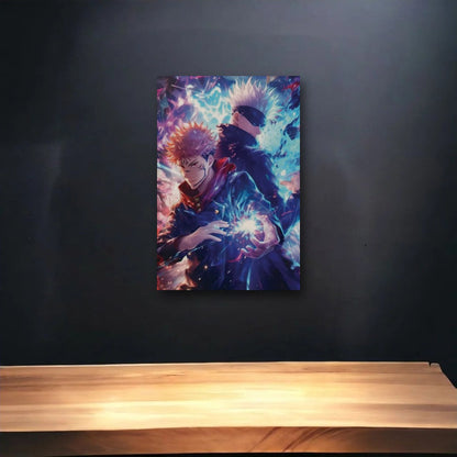 Anime Art glossy acrylic art above a wooden shelf