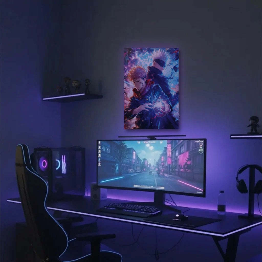 Anime Art acrylic wall art in a purple gaming setup