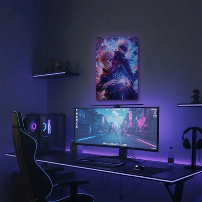 Anime Art acrylic wall art in a purple gaming setup