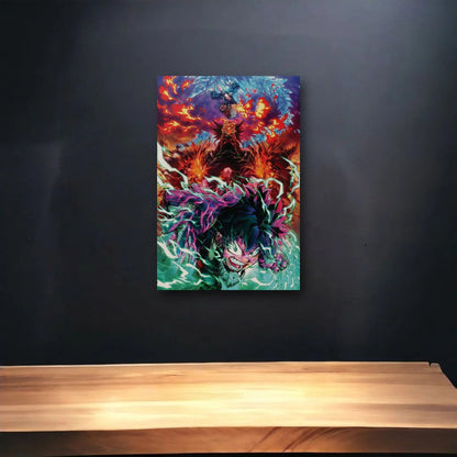 Anime Art glossy acrylic art above a wooden shelf