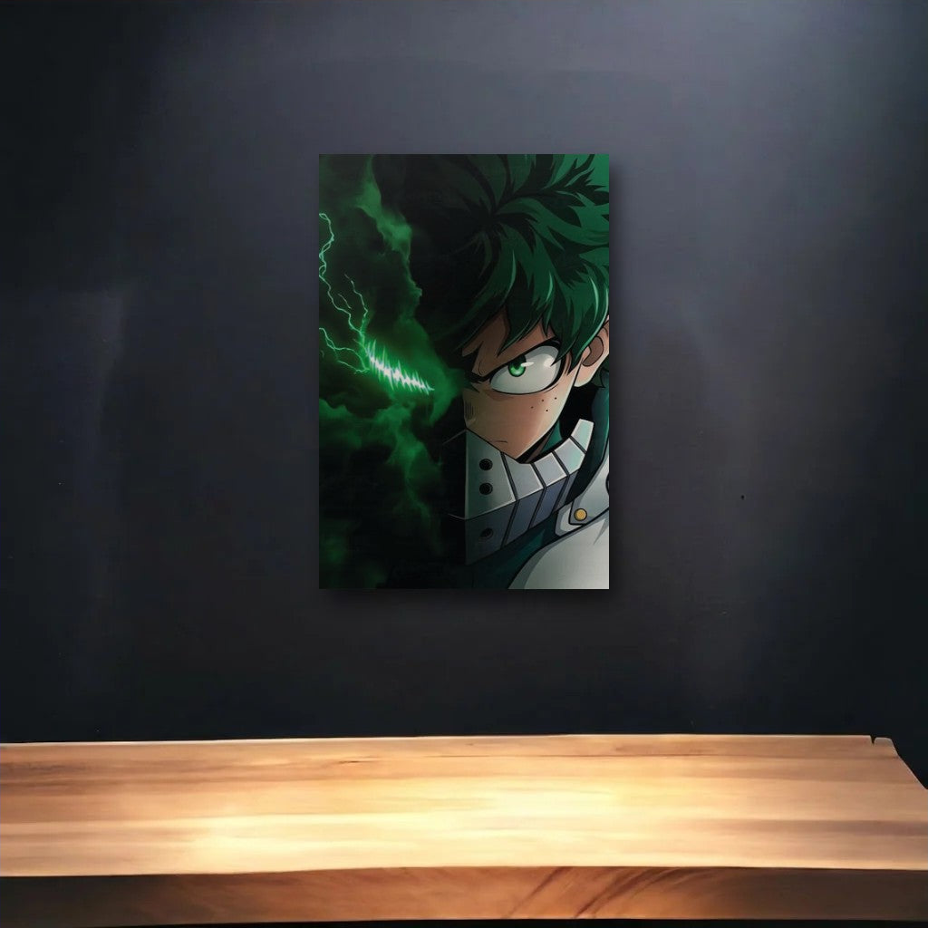 Anime Art glossy acrylic art above a wooden shelf