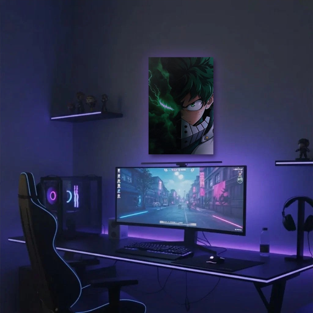 Anime Art acrylic wall art in a purple gaming setup