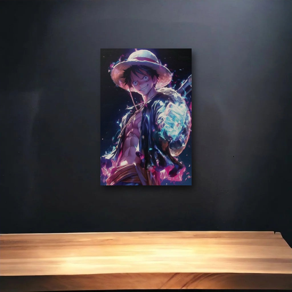 Anime Art glossy acrylic art above a wooden shelf