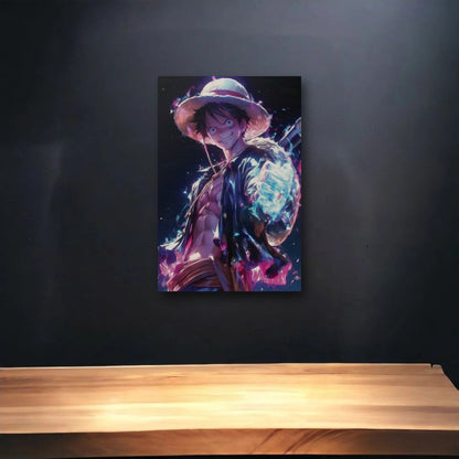 Anime Art glossy acrylic art above a wooden shelf