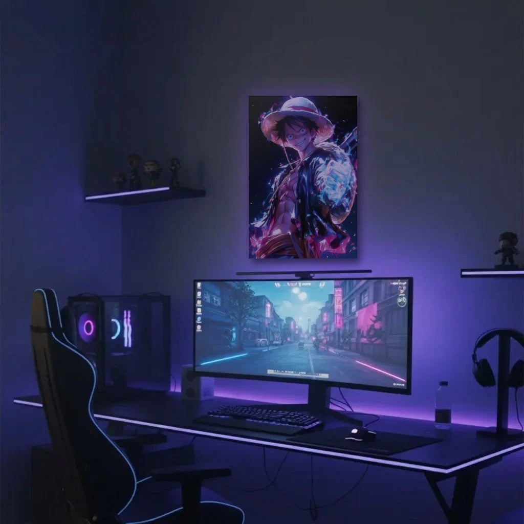 Anime Art acrylic wall art in a purple gaming setup