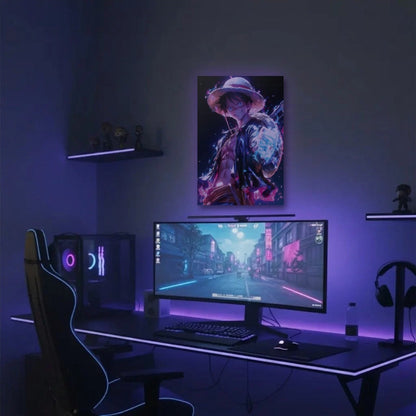 Anime Art acrylic wall art in a purple gaming setup