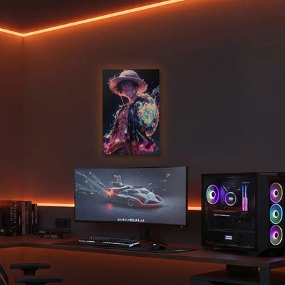 Anime Art acrylic wall art in an orange LED gaming room