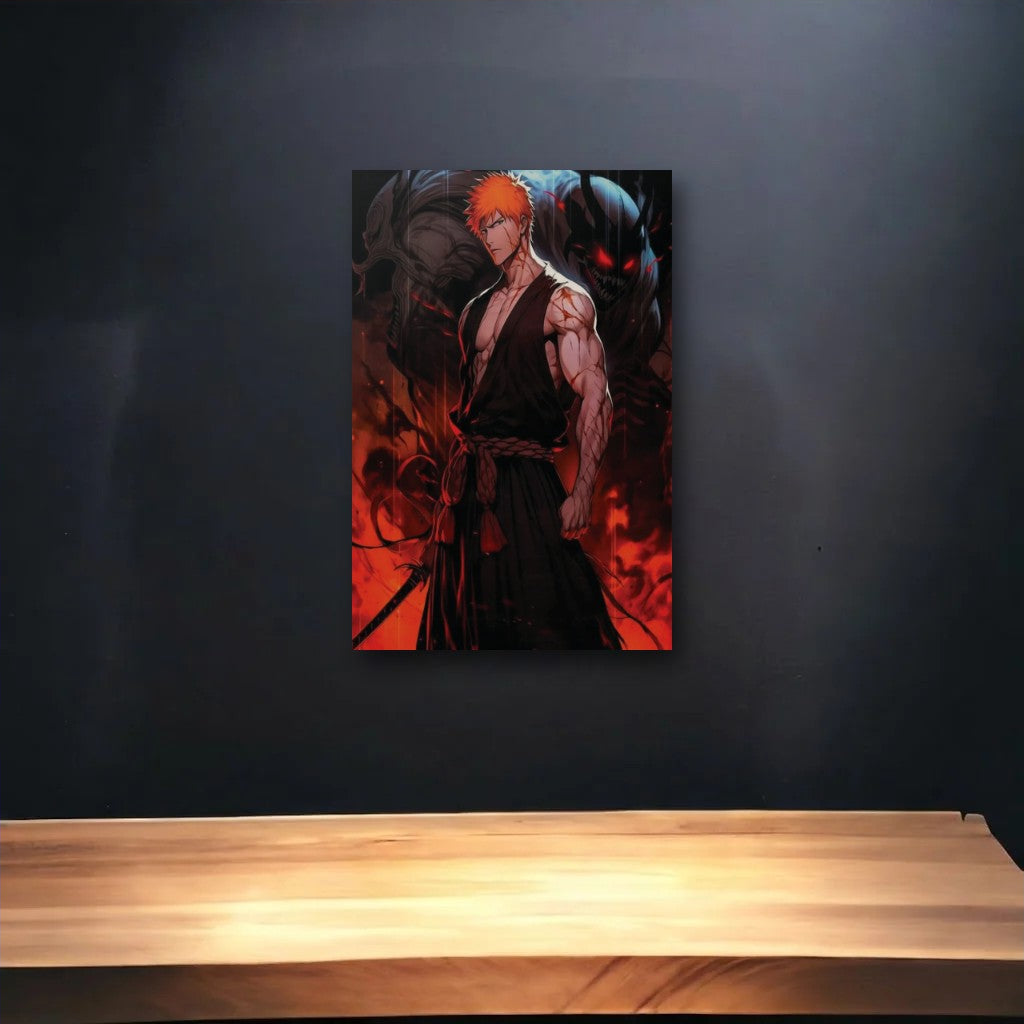 Anime Art glossy acrylic art above a wooden shelf
