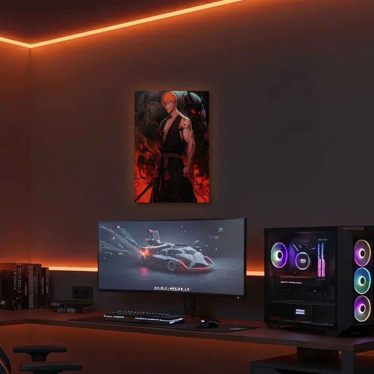 Anime Art acrylic wall art in an orange LED gaming room