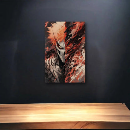 Anime Art glossy acrylic art above a wooden shelf