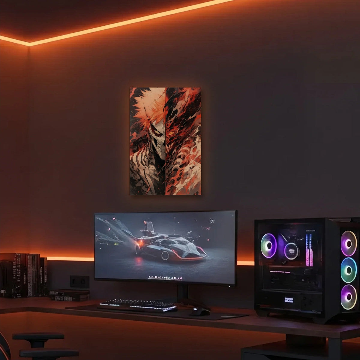 Anime Art acrylic wall art in an orange LED gaming room