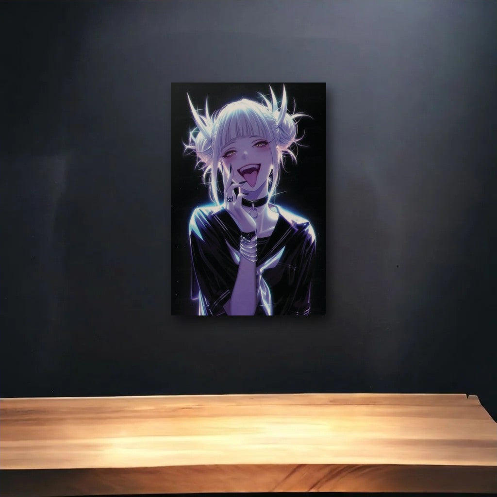 Anime Art glossy acrylic art above a wooden shelf
