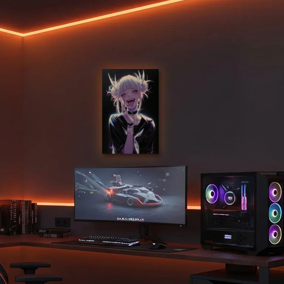 Anime Art acrylic wall art in an orange LED gaming room